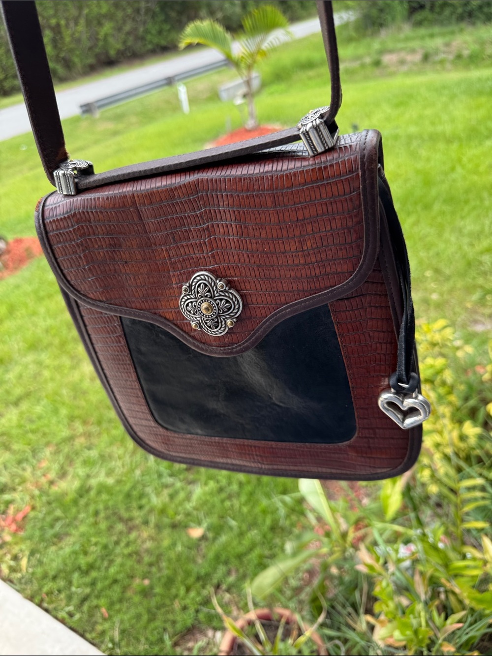 Brighton Brown and Black Textured Crossbody with Heart Charm